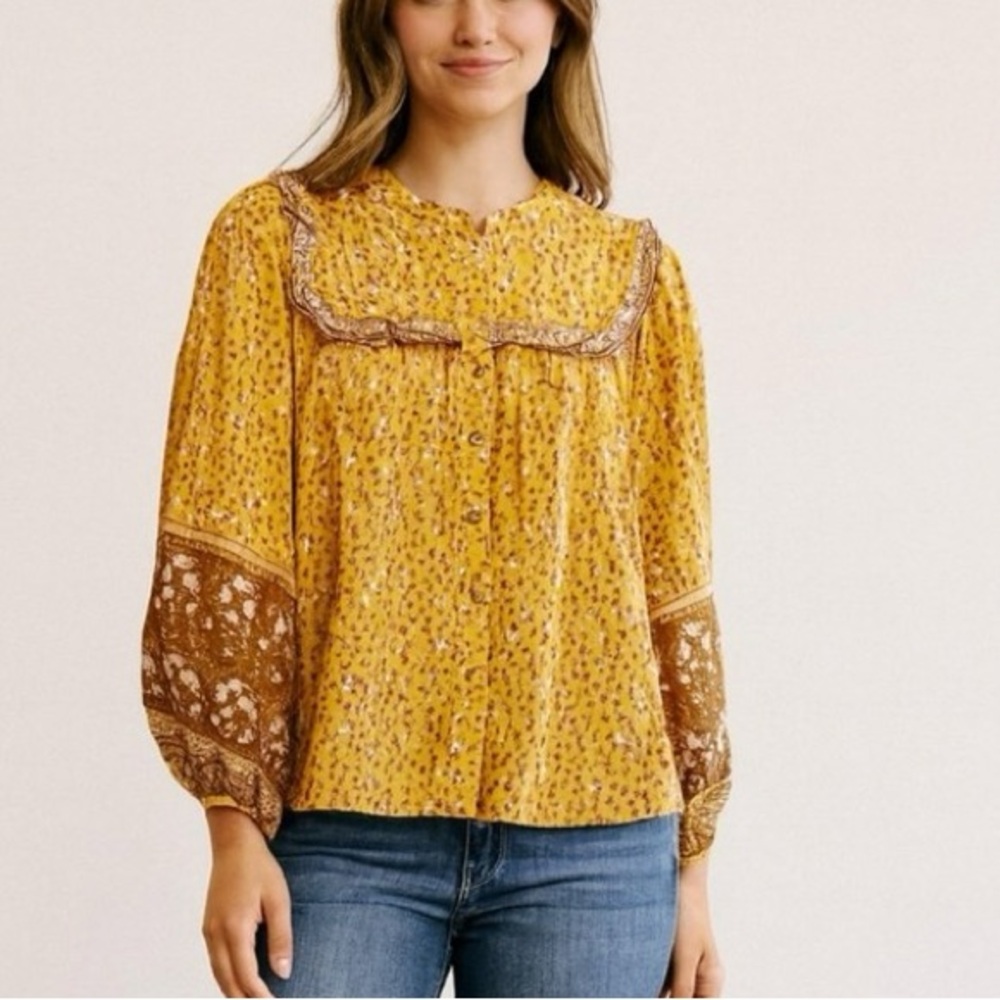 Joie Floral Ruffle Button Down Patchwork Floral Top Size Small Cotton